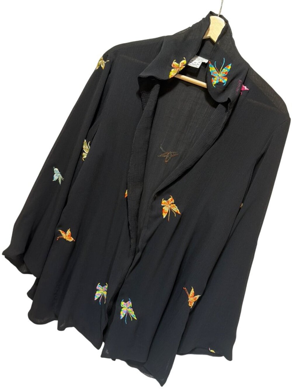 Grace Chuang New York Vintage Sheer Black Silk Embroidered Butterfly Kimono Styl